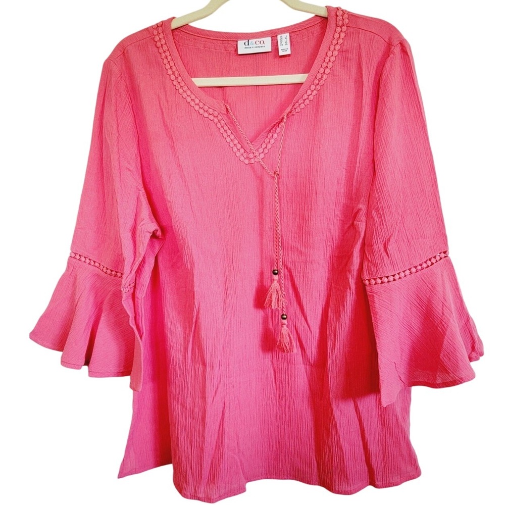 Denim & Co. Women's L Blouse Handkerchief Sleeves Tassle Tie‎ Pink Salmon NWOT